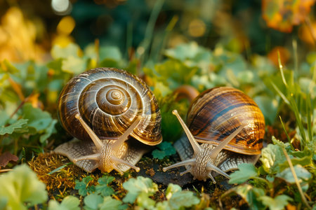 Two Snails Crawling on Moss in the Sunlit Forest, Close Up Macro Shot of Mollusks in Nature AI Generativeの素材