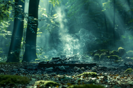 Enchanted Forest Scene with Mystical Sunbeams and Fog Magical Trees, Sunlight Penetrating Misty Woods, Natural Fantasy Landscape AI Generativeの素材