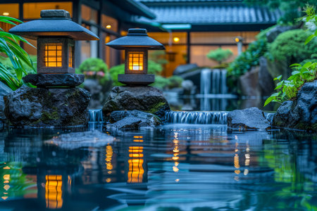 Serene Japanese Garden with Traditional Stone Lanterns and Calm Waterfall at Dusk AI Generativeの素材