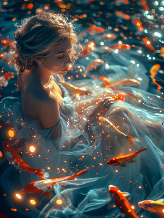Enigmatic Woman Surrounded by Swimming Koi Fish in Ethereal Underwater Scene with Glistening Light AI Generativeの素材