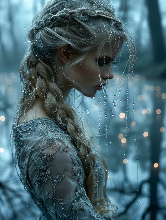 Enchanting Fantasy Woman in Misty Forest with Sparkling Lights, Ethereal Beauty with Braided Hair and Crystal Accessories AI Generativeの素材