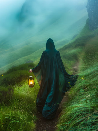 Mystical Figure Holding Lantern Walking Through Foggy Mountain Path with Lush Green Grass AI Generativeの素材