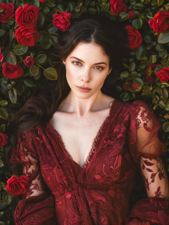 Elegant Woman in Red Lace Dress with Deep Neckline Posing in Front of a Rose Bush Background, Exuding Charm and Sophistication AI Generativeの素材
