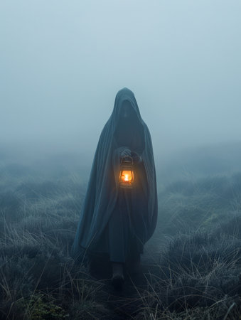 Mysterious Figure in Cloak Holding Lantern in Foggy, Misty Landscape Enigmatic Scene with Moody Atmosphere AI Generativeの素材