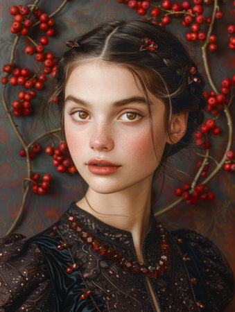 Elegant Young Woman with a Romantic Berry and Floral Theme on Textured Background AI Generativeの素材