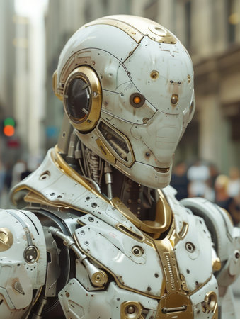 Futuristic Robotic Head with Advanced Technology Features Standing in Urban Setting AI Generativeの素材