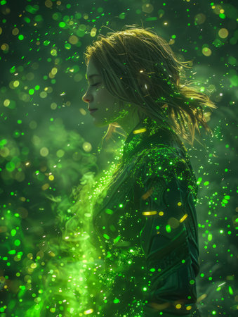 Enchanting Woman Surrounded by Glowing Green Particles in Ethereal Fantasy Setting, Magical Atmosphere AI Generativeの素材