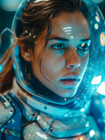 Futuristic Female Astronaut Portrait with Visor Reflections Space Exploration, Science Fiction Imagery AI Generativeの素材