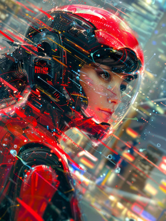 Futuristic Female Cyborg with Advanced Armor Helmet in Neon Lit Urban Environment, High Tech Science Fiction Concept, Artificial Intelligence and Cybersecurity, Digital Warrior Portrait AI Generativeの素材