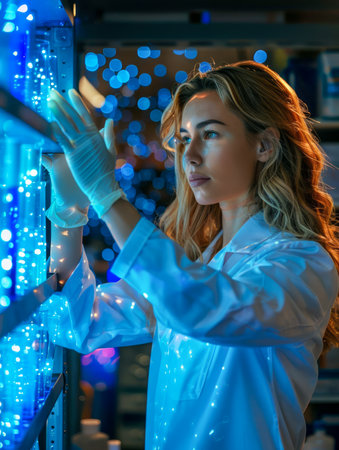 Professional Female Technician Analyzing Equipment in High Tech Data Center with Blue Glowing Lights AI Generativeの素材