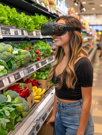 Smiling Young Woman Using Virtual Reality Headset in Supermarket Exploring Digital World Amongst Fresh Produce AI Generativeの素材