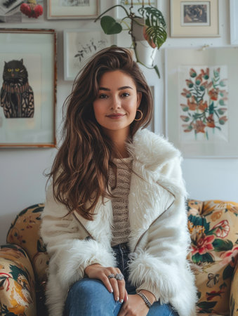 Stylish Young Woman in Faux Fur Jacket Sitting on Vintage Couch in Cozy Home Interior with Artistic Wall Decorations AI Generativeの素材