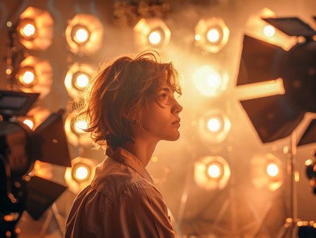 Young Female Model Posing in a Dramatic Lighting Setup with Golden Hues and Stage Lights AI Generativeの素材