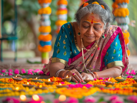 Elderly Indian Woman in Traditional Saree Creating Floral Rangoli for Cultural Festival Celebration, Artistic Heritage Expression AI Generativeの素材