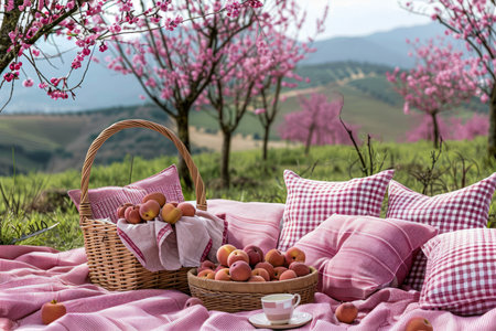 Idyllic Spring Picnic Scene with Blooming Trees, Fresh Fruits in Wicker Basket, and Cozy Pink Pillows on Outdoor Blanket AI Generativeの素材