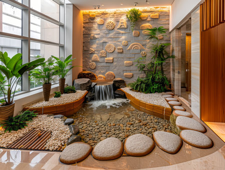 Modern Indoor Zen Garden with Waterfall Feature in Corporate Building Lobby AI Generativeの素材