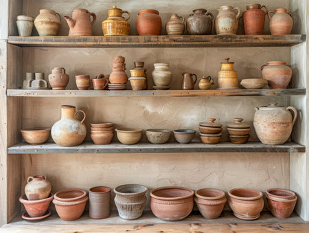 Variety of Handcrafted Ceramic Pottery Displayed on Wooden Shelves in Artisan Workshop AI Generativeの素材