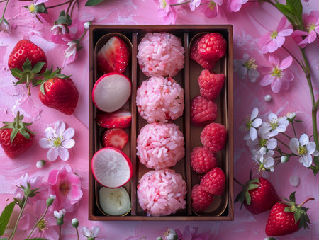 Artisanal Pink Sakura Mochi Set with Fresh Berries and Blossoms on a Vibrant Background for Celebration AI Generativeの素材