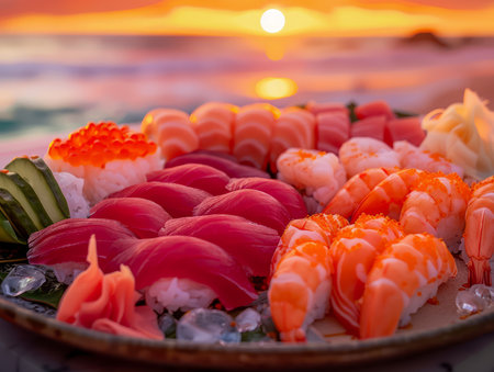 Assorted Fresh Sushi Platter With Colorful Sunset View Japanese Cuisine, Seafood, Nigiri, and Sashimi AI Generativeの素材