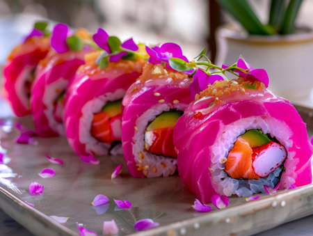 Colorful Sushi Roll Platter with Pink Wraps, Sesame Seeds, and Fresh Vegetables, Japanese Cuisine on Trendy Background AI Generativeの素材