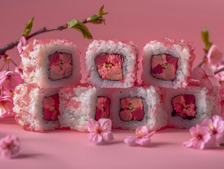 Arrangement of Sakura Flavored Sushi Rolls with Cherry Blossoms on a Pink Background Japanese Cuisine, Gastronomy Concept AI Generativeの素材