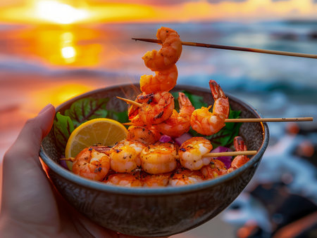Delicious Grilled Shrimp Bowl Held in Hand with Sunset on Beach Backdrop, Fresh Seafood Salad with Lemon AI Generativeの素材