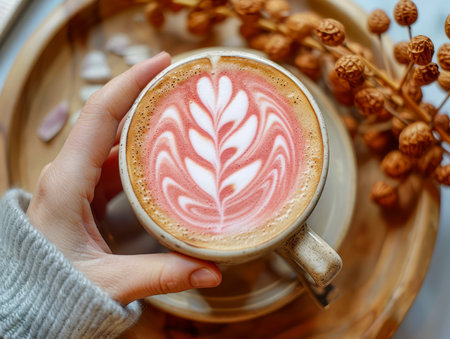 Cozy Autumn Morning with a Hand Holding a Cup of Cappuccino, Artful Latte on a Wooden Tray, Comfort and Warmth Concept AI Generativeの素材