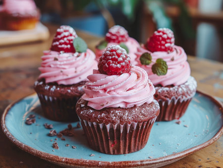 Scrumptious Raspberry Cupcakes with Pink Cream Frosting on a Ceramic Plate Sweet Dessert Presentation AI Generativeの素材