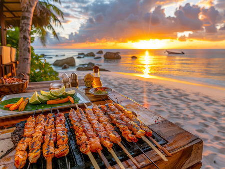 Tropical Beach Sunset Barbecue Party with Fresh Grilled Seafood and Fruit Platter Against Ocean Backdrop AI Generativeの素材