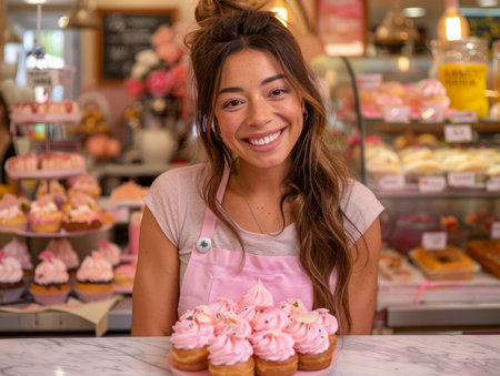 Smiling Female Bakery Worker in Apron Presenting Fresh Cupcakes at a Colorful Pastry Shop AI Generativeの素材