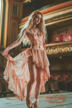 Elegant Young Female Dancer in Peach Dress Performing in a Vintage Theater Hall, Graceful Ballerina on Stage with Dramatic Lighting and Classic Architecture AI Generativeの素材