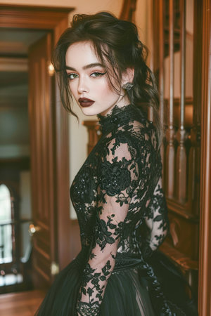 Elegant Woman in Black Lace Dress Posing on Grand Staircase with Vintage Aesthetic AI Generativeの素材