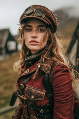 Vintage Pilot Aesthetic, Young Woman in Aviator Cap and Goggles, Retro Fashion Portrait, Moody Outdoor Setting AI Generativeの素材