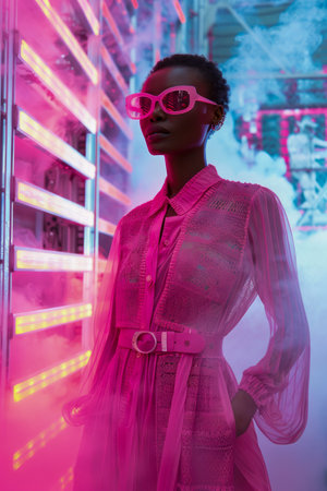 Fashionable Woman in Futuristic Neon Lights Environment Wearing Pink Sunglasses and Stylish Outfit Posing with Confidence AI Generativeの素材