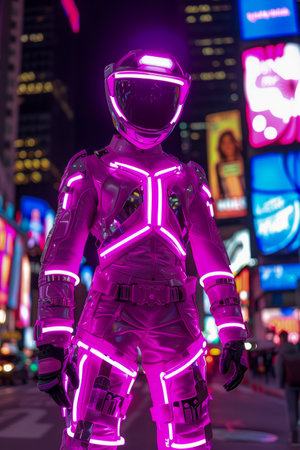 Futuristic Cyborg with Neon Lights Posing in Urban Night Scene with Vibrant City Advertisement Billboards in the Background AI Generativeの素材