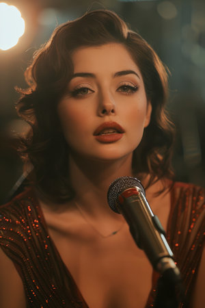 Glamorous Vintage Female Singer with Microphone in Moody Lighting AI Generativeの素材