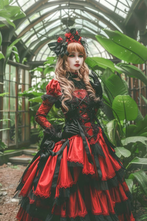 Victorian Gothic Woman in Red and Black Dress with Dramatic Makeup Posing in a Glasshouse Surrounded by Green Plants AI Generativeの素材
