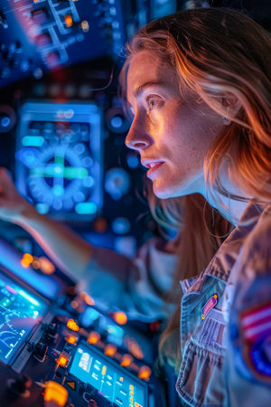 Female Astronaut Operating Spacecraft Control Panel with Focused Expression in Spaceship Cockpit AI Generativeの素材