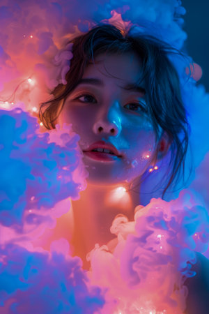Ethereal Young Woman Surrounded by Dreamlike Smoke and Soft Lights in Vibrant Blue and Pink Hues AI Generativeの素材