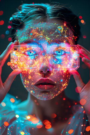 Futuristic Woman with Holographic Projection and Neon Lights Interaction Virtual Reality and Augmented Experience Concept AI Generativeの素材