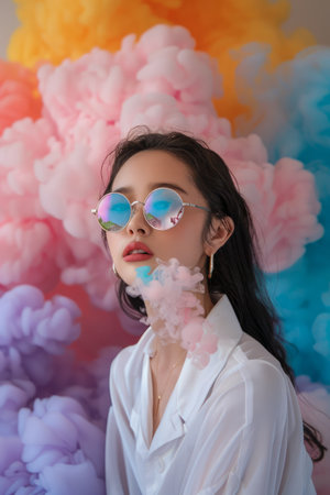 Fashionable young woman with stylish sunglasses surrounded by colorful smoke on a creative background AI Generativeの素材