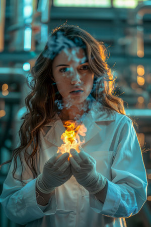 Mysterious Woman with Intense Gaze Holding a Fiery Illusion in Science Lab Cinematic Portraiture with a Magical Touch AI Generativeの素材