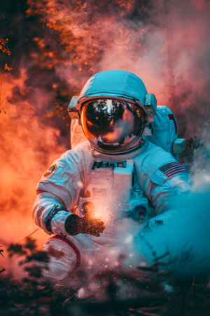 Astronaut in Spacesuit Engulfed in Ethereal Smoke with Vivid Backlighting, Creating an Otherworldly Scene of Exploration AI Generativeの素材