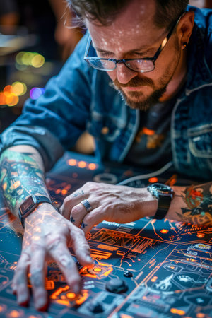 Creative Tattoo Artist Concentrating on Intricate Design in Atmospheric Workshop with Artistic Ambiance AI Generativeの素材