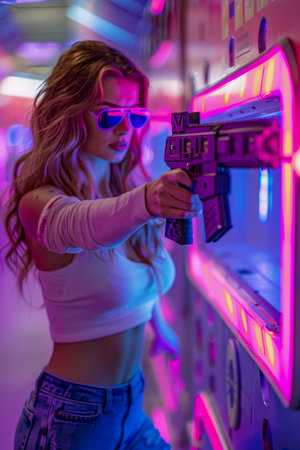 Stylish Young Woman Playing Arcade Games in Vibrant Neon Lights Wearing Pink Sunglasses and Casual Outfit AI Generativeの素材