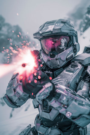 Futuristic Soldier in Armor Suit Firing Weapon in Snowy Environment, Sci Fi Military Combat Scene with Special Effects AI Generativeの素材