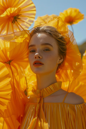 Young Woman in Yellow Dress Blending with Vibrant Orange Flowers, Artistic Portrait in Nature AI Generativeの素材