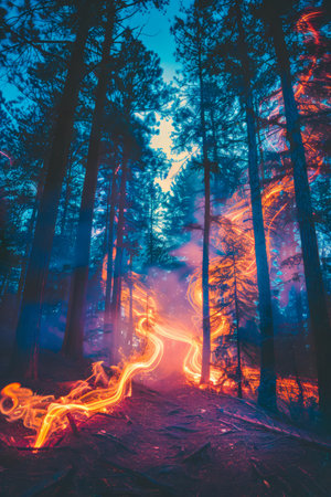 Enchanted Forest Scene with Magical Light Trails Illuminating the Woods Under a Twilight Sky AI Generativeの素材