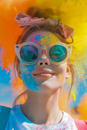 Vibrant Portrait of Smiling Young Woman Covered in Colorful Holi Powder with Stylish Sunglasses on Sunny Day AI Generativeの素材