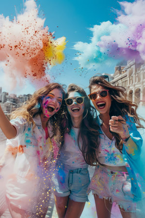 Joyful Friends Celebrating with Colorful Powder Explosion at Holi Festival Happiness, Togetherness and Festivity in Summer AI Generativeの素材